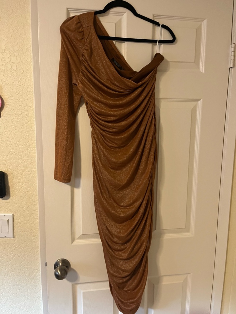 Ruched One-Shoulder Brown Metallic Dress